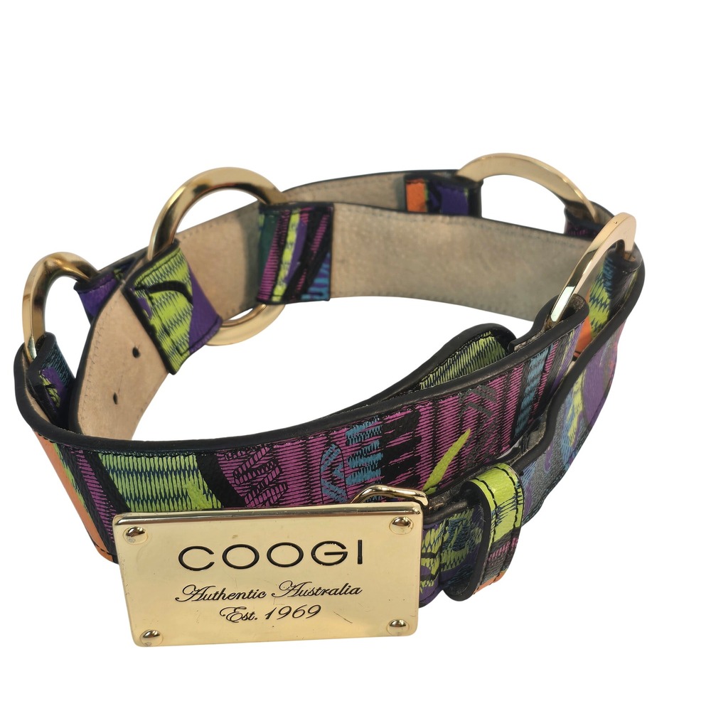 Y2K Coogi Australia Vintage Multi Color Knit Pattern Belt Gold Plaque O Ring 38